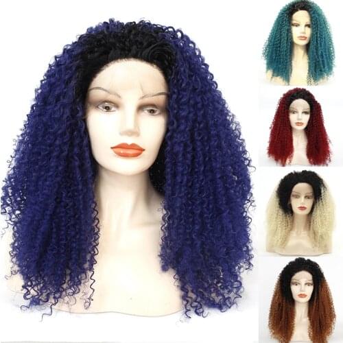 Long Afro Kinky Curly Lace Front Wig Two Tones Black Roots Ombre Blue 180% Density Heat Resistant Synthetic Wigs For Black Women