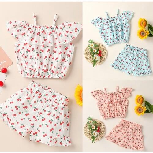 FOCUSNORM 1-5Y Summer Kids Girls Clothes Sets Floral Printed Off Shoulder Ruffles T Shirts Shorts 2pcs 3 Colors