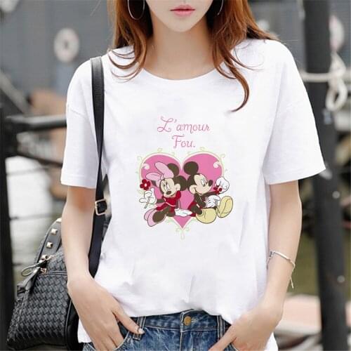 Love Mickey And Minnie Couple T Shirts Summer Short Sleeve Casual White O-neck Tshirts Unisex Fashion Female Clothes Plus Size