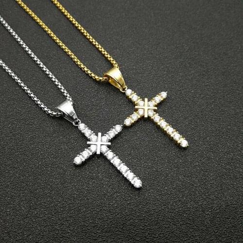 Hip Hop Iced Out Cross Pendant Necklace Male Gold Color Stainless Steel Christian Necklace For Men Women Jewelry Dropshipping