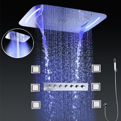 Bathroom LED Shower Panel SPA Misty Waterfall Rainfall Shower Head Thermostatic Mixer Rain Shower Faucets With Massage Body Jets