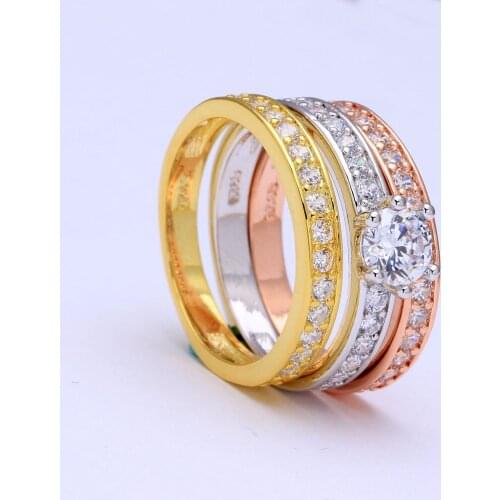 Classic Designer 3 Round CZ zircon Paved Engagement Finger Rings Sets For Women gold-color Crystal Wedding Jewelry