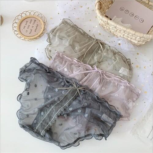 New French Dot Mesh Lace Girl Underwear Sexy Bow Mid-Waist Purified Cotton Crotch Sheer Briefs