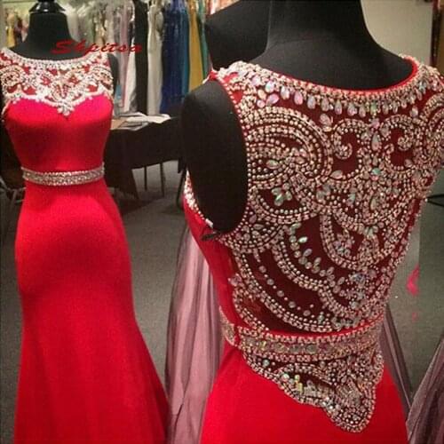 Luxury Red Long Mermaid Evening Dresses Party Crystals Women Girl African Plus Size Elegant Prom Formal Evening Gowns Dresses