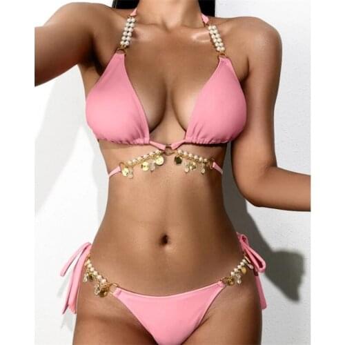 Sexy Pearl Crystal Bikini Halter Swimsuit Bandage Swimwear Women Separate Bathing Suit Female Beach Bikini Set Low Waist