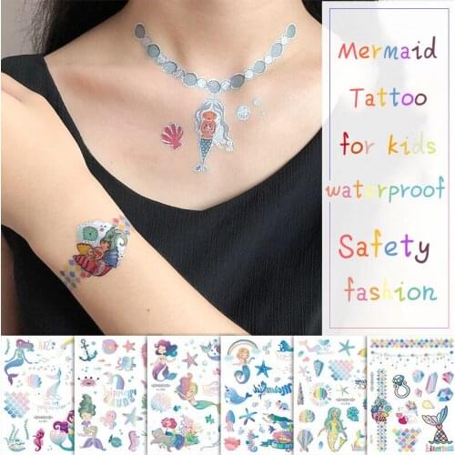 Tattoos for Kids Cartoon Silver Gold Tattoo Sticker Sea Mermaid Temporary Fashion Tattoos Children Girls Hand Tattoo 160*120mm