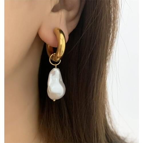 Titanium With 18 K Gold Geo Faux Baroque Pearl Drop Earrings Punk Party Gown Runway rare Boucle Korean Japan INS Boho Top