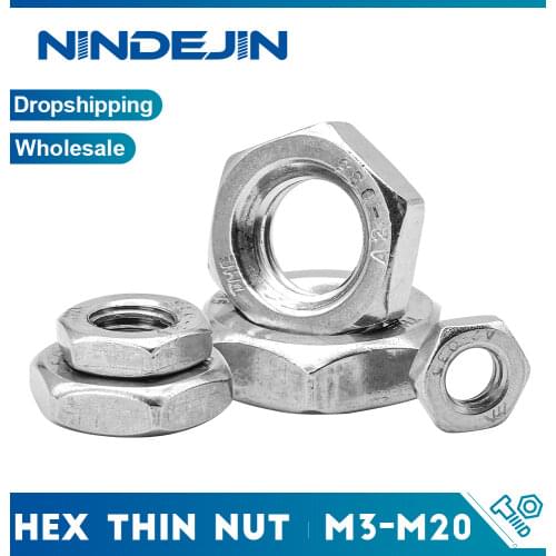 NINDEJIN 1-50pcs Thin Hex Nuts 304 Stainless Steel M3 M4 M5 M6 M8 M10 M12 M14 M16 M18 M20 thin nuts DIN439
