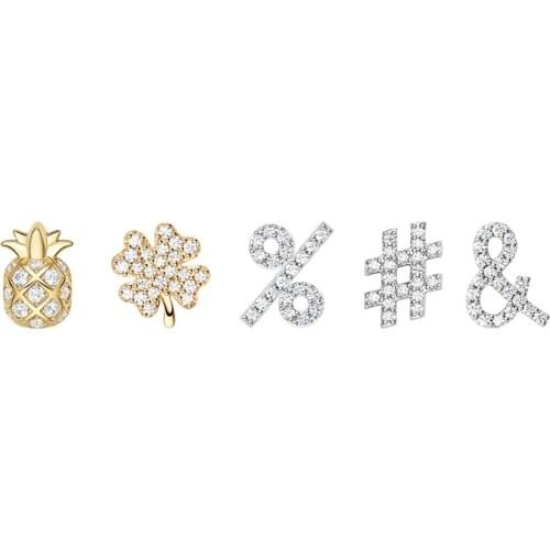 SLJELY Fashion Real 925 Sterling Silver Zirconia Pineapple Leaf Symbol Design Mini Mixed Stud Earring Women Party Brand Jewelry