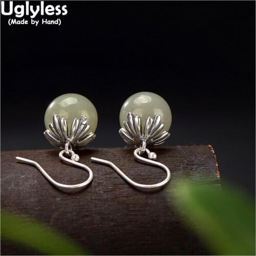 Uglyless S 925 Sterling Silver Natural Jade Ball Drop Earrings Women Ethnic Jewelr Elegant Statement Brincos Retro Ethnic Bijoux