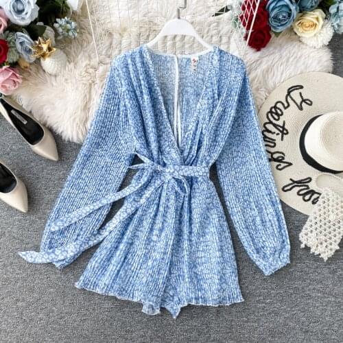 New Women Chiffon Rompers 2020 Fashion Spring Summer Long Sleeve High Waist Shorts Playsuits Woman Floral Print Beach Jumpsuits