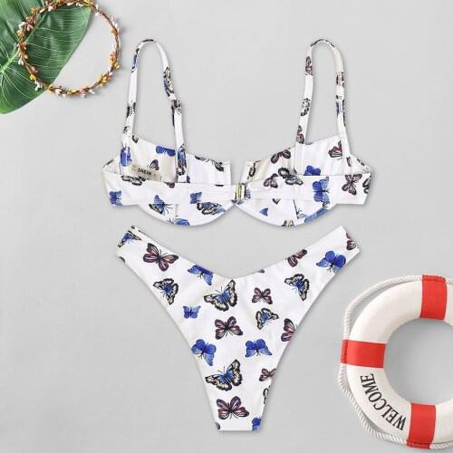 Womens butterfly printed steel tuobikini split swimsuit simple solid color cartoon animal printed beach SWIMSUIT SET