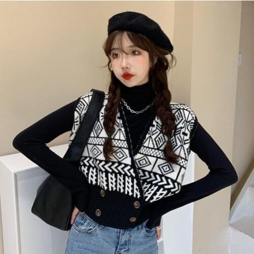 Women Sweater Vest V-neck Vest Sweater Cardigan Coat Knitwear Autumn Winter Loose Short Outer Wear Topchalecos Para Mujer