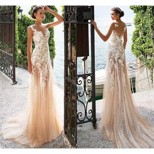 Robe de soriee New Bateau Neck See-through Prom Dress 2019 With Lace Appliques Champagne Evening Dress vestido de formatura