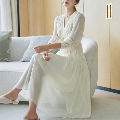 Simple temperament puff sleeve V-neck waist pearl yarn long sleeve dress for women