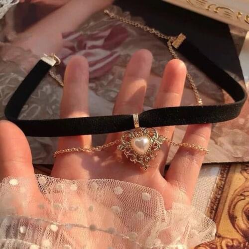 Vintage Velvet Black Choker Love Heart Pendant Imitation Pearls Short Necklace For Women Girls Gifts Party