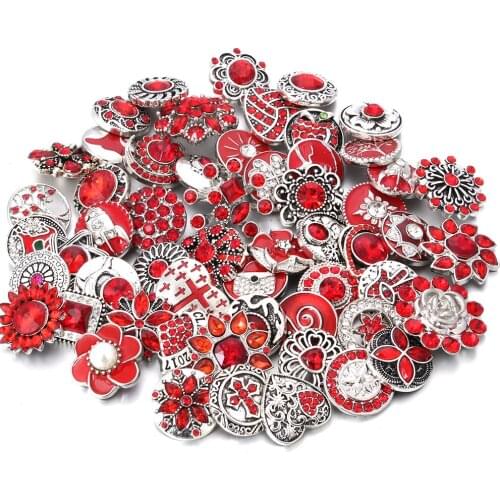 10pcs/lot Wholesale Snap Jewelry 18mm Snap Buttons Mixed Red Rhinestone Metal Flower Snaps Buttons for Snap Bracelet Bangle