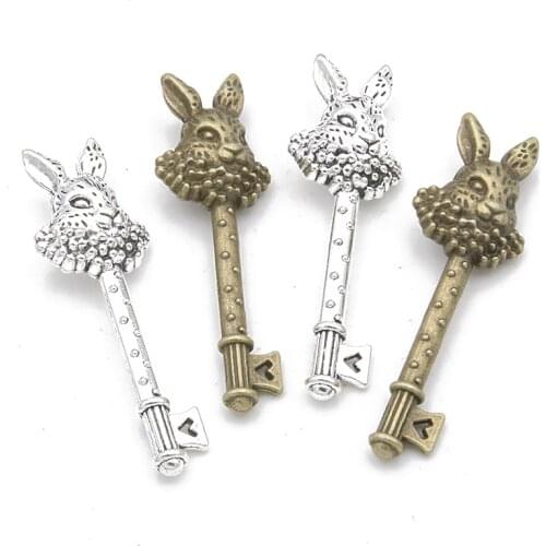 6Pcs 15X50mm 2021 New Two Color Metal Zinc Alloy Rabbit Key Charms Fit Jewelry Medical Animal Pendant Makings DIY Handmade Craft