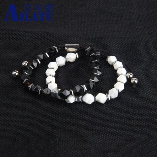 Ailatu New Faceted Cut Onyx Stone Macrame Bracelet Healing Anxiety Relief Stainless Steel Logo Jewelry