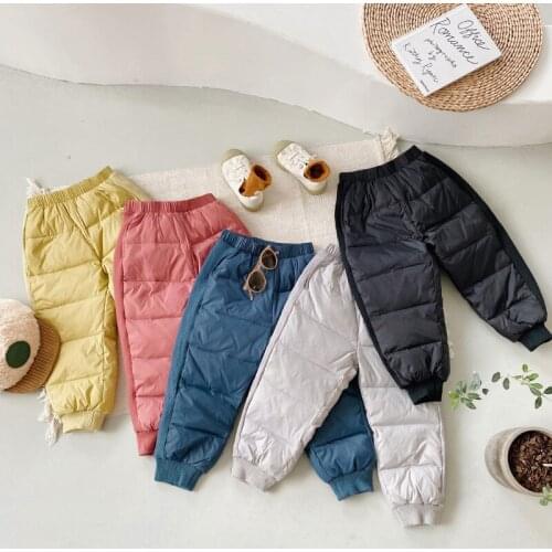Childrens Down Pants White Duck Down Thick Trousers Baby Girls Boys Solid Color Elastic Waist Pants Autumn Winter Warm Clothing