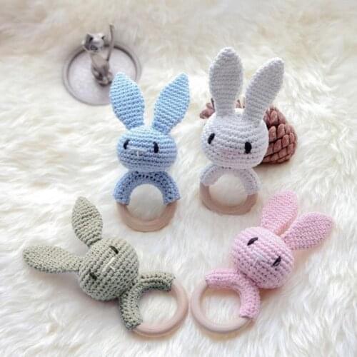 Baby Wood Teether Ring DIY Crochet Bunny Rattle Soother Bracelet Teething Molar Q1FE