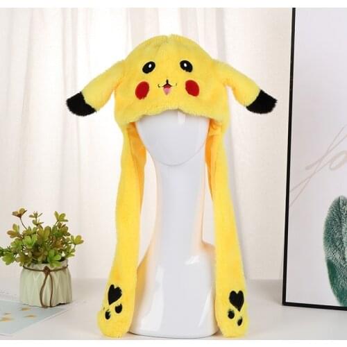 Pokemon cartoon Pikachu creative flashing hand shake hat winter cute rabbit ears plush toy warm winter gift for children