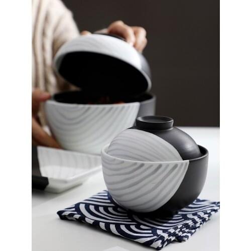 Nordic style ceramic bowl with cover household personalized black white rice soup bowl set creative tableware with lid