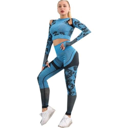 Camouflage Womens Workout Outfit 2 Pieces Seamless Yoga Leggings with Sports Shirt Gym Clothes Set Winter Warm Activewear
