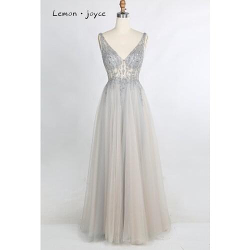 Lemonjoyce Sexy Prom Dress New Design Beading V-Neck Elegant A-Line Light Illusion Tulle Party Dress