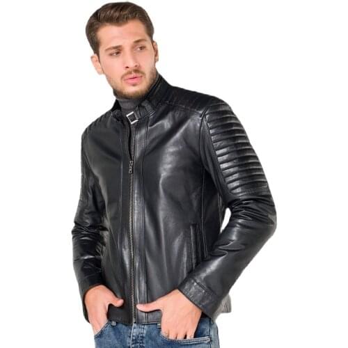 New season mens slim fit real leather jacket motorcycle jacket with sleeve detailed