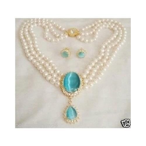 CharmiNg jewelry Natural white pearl necklace opal pendant earring set