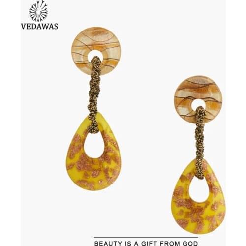 Vedawas Vintage Yellow ZA Waterdrop Earrings for Women Trendy Luxury Flower Round C-Shape Hoop Earrings Accessories Jewelry Hot