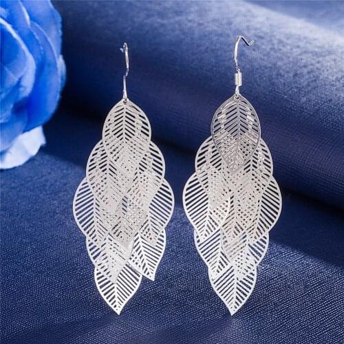 Hot 925 Sterling Silver Layered Hollow Leaves Tassel Long Drop Earrings for Woman fashion party Jewelry Trendsetter wedding Gift