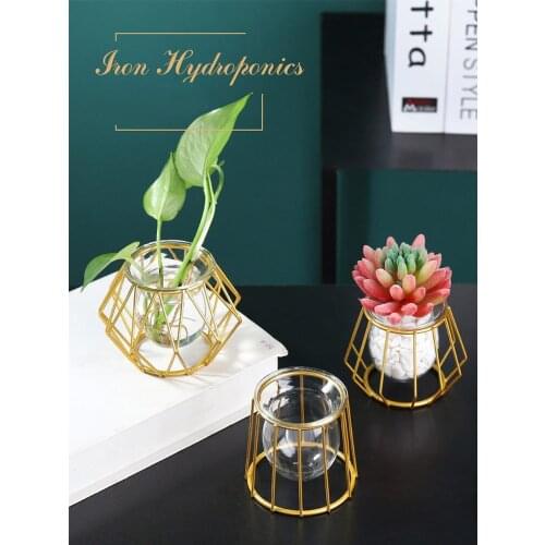 Nordic Home Office Decoration Glass Vases Hydroponic Vase Mini Vase For Dried Flowers With Metal Wrought Iron Stand wazon