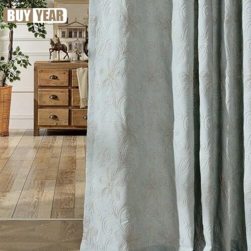 Modern Simple Rural American Light Blue Cotton-Linen Line Embroidered Curtains for Bedroom Living Room Home Decoration Customiza