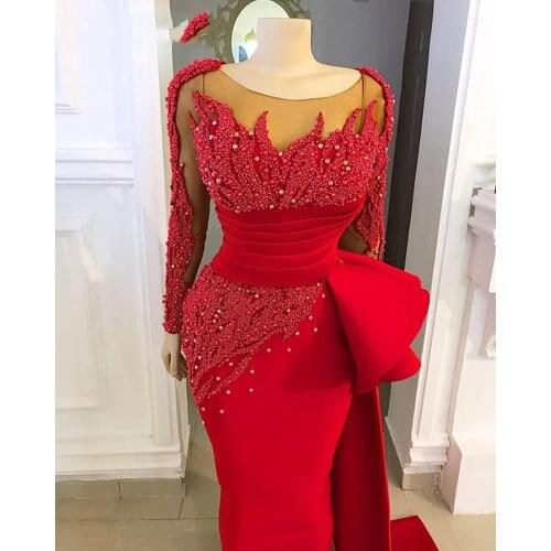 Long Sleeves Evening Dresses 2021 Luxury Party Dubai Mermaid Pearls Beaded African Women Red Formal Prom Gown Plus Size