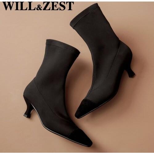 Will&Zest Black Boots Stocking Stretch Stiletto High-Heeled Shoes Lady Winter Sexy Pointe Toe Autumn Short Slip-On 2020 New Boot