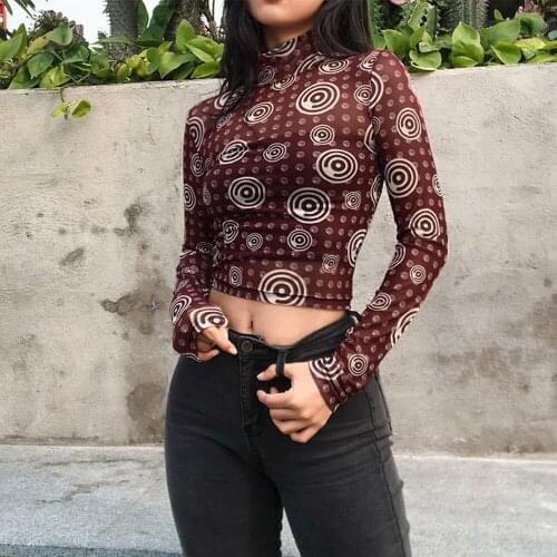 Turtleneck Dot Womens Bodycon T Shirt Transparent See Through Slim Long Sleeve Red Spring Female Paisley Crop Mesh Tops