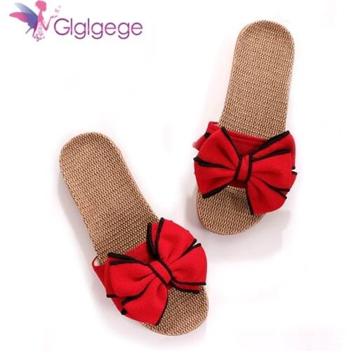 Glglgege Women Summer Casual Slides Comfortable Flax Slippers Striped Bow Linen Flip Flops Platform Sandals Ladies Indoor Shoes