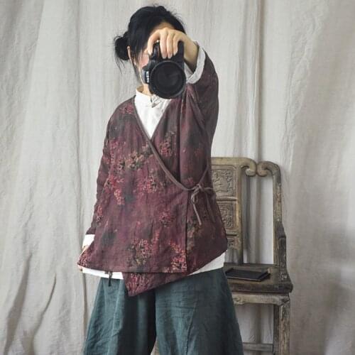 Women Loose Printed V Neck Linen Jackets Tops Coat Outerwear Ladies Spring Autumn Flax Coat Female 2021 Coat