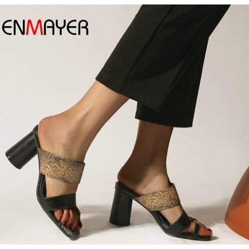 ENMAYER 2020 Leopard PU Shoes Woman Summer Outside Slippers Women Square Heel Basic Fashion Mules Shoes Women Size 34-43