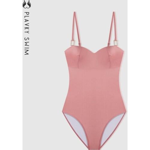 Pink Push Up One Piece Swimsuit With Ring Hoop Women Sexy Bandeau Swimwear Swim Beach Wear Bath Suit 2021 Monokini Bodysuit