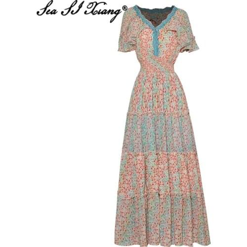 Seasixiang Fashion Designer Summer Dress Women V-Neck Butterfly Sleeve Beading Vintage Floral Print Dresses