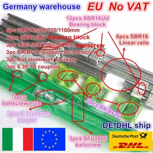 3sets Linear Rail guide SBR16 L-300/700/1100mm & SFU/RM1605-350/750/1150mm Ballscrew with Nut & BK/B12 & Coupler for CNC Router