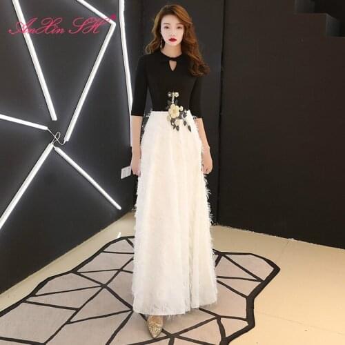 AXJFU princess black satin flower evening dress party vintage half sleeve rose white beading pearl long evening dress