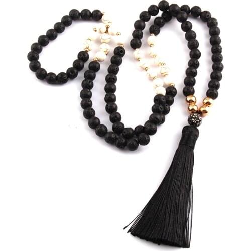 Free Shipping Fashion Black Lava Stones Bohemian Tribal Jewelry Long Black Tassel Necklace For Women