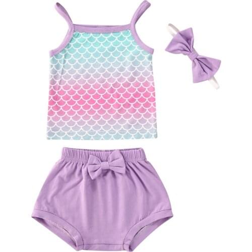Pudcoco Fast Shipping Summer Newborn Infant Baby Girl Mermaid Clothes Vest Tank Top Shorts With Bow Headband Outfit Set