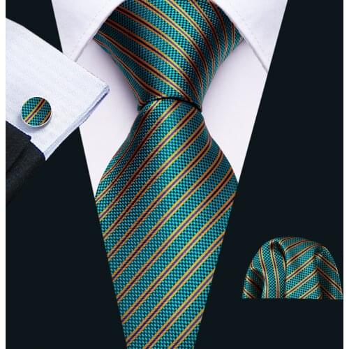 Fashion Green Striped Men Tie Set 8.5cm Silk Jacquard Neckties Wedding Business Handkerchief Cufflink Tie Barry.Wang FA-5310