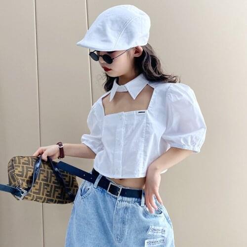 Baby Girl Cotton Shirt Spring New Children French Hollow Puff Sleeve Short Tube Top All-match Shirt Kids Clothes Girls Blouse
