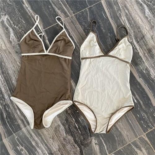 Ins wind one-piece simple swimsuit women Korean color matching hot spring swimsuit women bikini